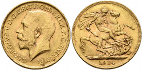 BRITISH, Windsor. George V, 1910-1936. Sovereign 1914 (Gold, 21 mm, 7.99 g, 12 h), London. GEORGIVS V D G BRITT OMN REX F D IND IMP Head of George V t...