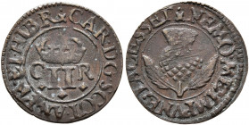 BRITISH, Scotland. Charles I, 1625-1649. Turner (Bronze, 16 mm, 0.66 g, 1 h), Earl of Stirling Coinage, 1632-1639. (Stop and saltire) CAR D G SCOT AN ...