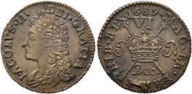 BRITISH, Ireland. James II, 1685-1691. Sixpence 1689 (Bronze, 21 mm, 3.12 g, 12 h), 'Gunmoney' coinage IACOBVS II DEI GRATIA Laureate and draped bust ...