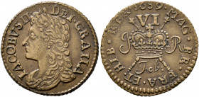 BRITISH, Ireland. James II, 1685-1691. Sixpence 1689 (Bronze, 20 mm, 2.84 g, 1 h), 'Gunmoney' coinage IACOBVS II DEI GRATIA Laureate and draped bust o...