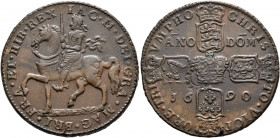 BRITISH, Ireland. James II, 1685-1691. Crown 1690 (Bronze, 43 mm, 14.63 g, 1 h), 'Gunmoney' coinage. IAC IIDEI GRA MAG BRI FRA ET HIB REX James II, cu...