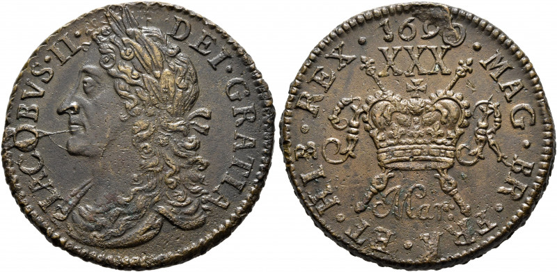 BRITISH, Ireland. James II, 1685-1691. Halfcrown 1690 (Bronze, 32 mm, 16.93 g, 1...