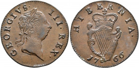 BRITISH, Ireland. George III, 1760-1820. Halfpenny 1766 (Bronze, 27 mm, 7.12 g, 6 h) GEORGIVS III REX Laureate head of George III to right. Rev. HIBER...