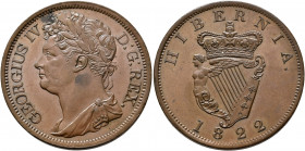 BRITISH, Ireland. George IV, 1820-1830. Penny 1822 (Bronze, 33 mm, 17.29 g, 6 h) GEORGIUS IV D G REX Laureate draped bust of George IV to left. Rev. H...