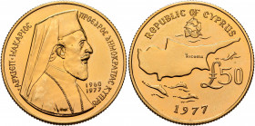 CYPRUS. Republic. Archbishop Makarios III. President, 1960-1974 and 1974-1977. 50 Pounds 1977 (Gold, 28 mm, 16.17 g, 12 h), on his death on 3 August, ...