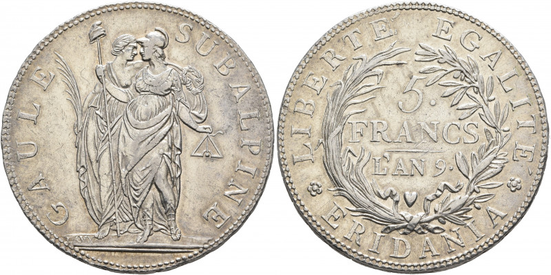 ITALY. Repubblica Subalpina. 1800-1801. 5 Francs Anno 9 (1801) (Silver, 37 mm, 2...