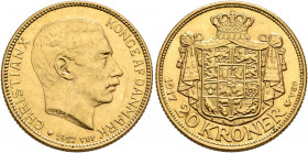 DENMARK. Christian I. 20 Kroner 1917 (Gold, 23 mm, 9.00 g, 12 h), Copenhagen. CHRISTIAN X KONGE AF DANMARK Head of Christian X to right, 1917 VBP belo...