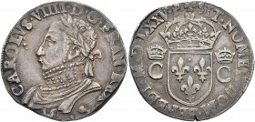 FRANCE, Royal. Henri III, 1574-1589. Teston 1575 (Silver, 29 mm, 9.48 g, 6 h), 8th type, with the name and portrait of Charles IX, Toulouse. CAROLVS V...