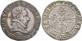 FRANCE, Royal. Henri III, 1574-1589. Demi-Franc 1587 (Silver, 28 mm, 7.11 g, 11 h), Poitiers. HENRICVS III DEI G FR ET POL REX Laureate and cuirassed ...