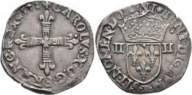 FRANCE, Royal. Charles X, King of the League, 1589-1590. 1/4 Écu 1591 (Silver, 30 mm, 9.60 g, 4 h), Nantes. ✠ CAROLVS X D G FRANC REX 1591 Cross with ...