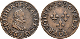 FRANCE, Royal. Henri IV le Grand (the Great), 1589–1610. Double Tournois 1607 (Bronze, 20 mm, 3.03 g, 6 h), Paris. HENRI IIII R DE FRAN ET NAV Laureat...