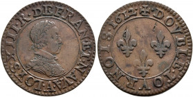 FRANCE, Royal. Louis XIII le Juste (the Just), 1610–1643. Double Tournois 1612 (Bronze, 20 mm, 3.47 g, 6 h), Paris. LOYS XIII R DE FRAN ET NAVA Cuiras...