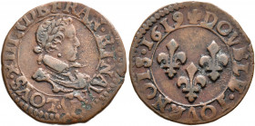 FRANCE, Royal. Louis XIII le Juste (the Just), 1610–1643. Double Tournois 1619 (Bronze, 20 mm, 2.93 g, 6 h), Poitiers. LOYS XIII R DE FRAN ET NAVA Cui...