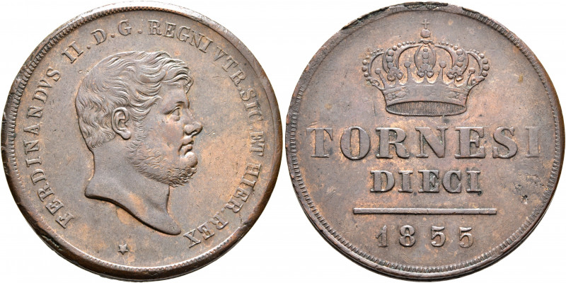 ITALY. Regno delle Due Sicilie. Ferdinando II, 1830-1859. 10 Tornesi 1855 (Bronz...