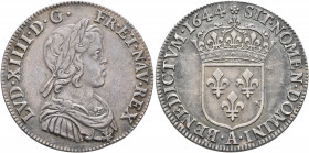 FRANCE, Royal. Louis XIV le Roi Soleil (the Sun King), 1643–1715. 1/4 Écu 1644 (Silver, 26 mm, 6.65 g, 6 h), à la mèche courte, Paris. LVD XIIII D G F...