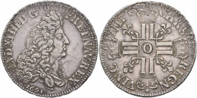 FRANCE, Royal. Louis XIV le Roi Soleil (the Sun King), 1643–1715. Écu aux 8 L 1691 (Silver, 40 mm, 27.28 g, 12 h), 1st réformation, Clermont. LUD XIII...