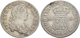 FRANCE, Royal. Louis XV le Bien-Aimé (the Well-Beloved), 1715–1774. 1/6 Écu (20 Sols) de Navarre 1720 (Silver, 23 mm, 4.00 g, 6 h), Strasbourg. LVD XV...