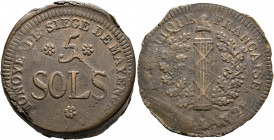 FRANCE, Premier République. Convention nationale. 1792-1795. 5 Sols 1793 (Bronze, 32 mm, 24.19 g, 12 h), siege of Mainz (Mayence). War of the First Co...