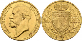 LIECHTENSTEIN. Fürstentum. Johann II., 1858-1929. 20 Kronen 1898 (Gold, 20 mm, 6.79 g, 12 h), Vienna. JOHANN II. FÜRST VON LIECHTENSTEIN Head of Johan...