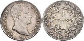 FRANCE, Premier Empire. Napoléon I, 1804-1814, 1815. Franc An 13 (1804-1805) (Silver, 22 mm, 4.99 g, 6 h), Paris. NAPOLEON EMPEREUR Head of Napoléon I...