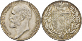 LIECHTENSTEIN. Fürstentum. Johann II., 1858-1929. 5 Kronen 1904 (Silver, 36 mm, 24.09 g, 12 h), Vienna. JOHANN II FÜRST VON LIECHTENSTEIN Head of Joha...