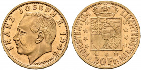 LIECHTENSTEIN. Fürstentum. Franz Joseph II, 1938-1990. 20 Franken 1946 (Gold, 21 mm, 6.46 g, 5 h), Bern FRANZ JOSEPH II. 1946 Head of Franz Joseph II ...