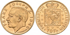 LIECHTENSTEIN. Fürstentum. Franz Joseph II, 1938-1990. 10 Franken 1946 (Gold, 19 mm, 3.22 g, 5 h), Bern FRANZ JOSEPH II. 1946 Head of Franz Joseph II ...