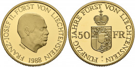 LIECHTENSTEIN. Fürstentum. Franz Joseph II, 1938-1990. 50 Franken 1988 (Gold, 22 mm, 10.01 g, 6 h), proof, on the 50th Anniversary of Reign. Bern. FRA...