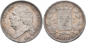 FRANCE, Royal (Restored). Louis XVIII, 1814-1824. Franc 1816 (Silver, 22 mm, 5.02 g, 7 h), Paris. LOUIS XVIII ROI DE FRANCE Head of Louis XVIII to lef...
