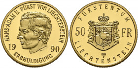 LIECHTENSTEIN. Fürstentum. Hans-Adam II., 1990-present. 50 Franken 1990 (Gold, 22 mm, 10.00 g, 6 h), proof, on his accession to the throne HANS-ADAM I...