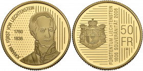 LIECHTENSTEIN. Fürstentum. Hans-Adam II., 1990-present. 50 Franken 2006 (Gold, 22 mm, 10.00 g, 6 h), proof, on 200 Years of Sovereignty. Bern. JOHANN ...