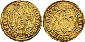 LOW COUNTRIES. Deventer. Florin d'or (Gold, 22 mm, 3.20 g, 10 h), in the name of Maximilian I, no date (1498). MON DE DAVENTRIA St. Lebuin, nimbate, s...