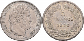 FRANCE, Royal (Restored). Louis Philippe, 1830-1848. 5 Francs 1838 (Silver, 37 mm, 24.99 g, 6 h), Paris. LOUIS PHILIPPE I ROI DES FRANÇAIS Head of Lou...