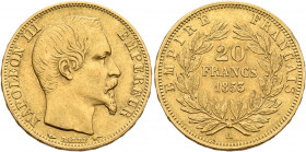 FRANCE, Second Empire. Napoléon III, 1852-1870. 20 Francs 1853 (Gold, 21 mm, 6.47 g, 6 h), Paris. NAPOLEON III EMPEREUR Bare head of Napoléon III to r...