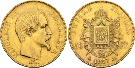 FRANCE, Second Empire. Napoléon III, 1852-1870. 50 Francs 1857 (Gold, 27 mm, 16.11 g, 6 h), Paris. NAPOLEON III EMPEREUR Bare head of Napoleon III to ...