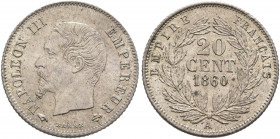 FRANCE, Second Empire. Napoléon III, 1852-1870. 20 Centimes 1860 (Silver, 15 mm, 1.00 g, 6 h), Paris. NAPOLEON III EMPEREUR Bare head of Napoléon III ...