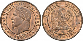 FRANCE, Second Empire. Napoléon III, 1852-1870. 10 Centimes 1863 (Bronze, 30 mm, 10.11 g, 6 h), Paris. NAPOLEON III EMPEREUR Laureate head of Napoléon...