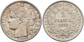 FRANCE, Le Gouvernement de la Défense Nationale. 1870-1871. 2 Francs 1870 (Silver, 26 mm, 10.03 g, 6 h), Paris. REPUBLIQUE FRANÇAISE Head of Ceres lef...