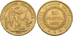 FRANCE, Troisième République. 1875-1940. 20 Francs 1871 (Gold, 21 mm, 6.42 g, 6 h), Paris. RÉPUBLIQUE FRANÇAISE Winged genius of France standing right...