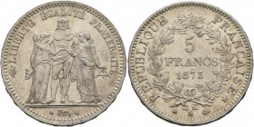 FRANCE, Troisième République. 1870-1940. 5 Francs 1873 (Silver, 36 mm, 25.00 g, 6 h), Paris. LIBERTÉ ÉGALITÉ FRATERNITÉ Hercules standing facing betwe...