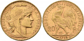 FRANCE, Troisième République. 1875-1940. 20 Francs 1913 (Gold, 21 mm, 6.46 g, 6 h). REPUBLIQUE FRANÇAISE Head of Marianne to right. Rev. LIBERTE EGALI...