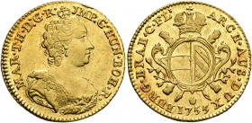 LOW COUNTRIES. Oostenrijkse Nederlanden (Austrian Netherlands). Maria Theresia, 1740-1780. Souverain 1755 (Gold, 23 mm, 5.56 g, 6 h), Antwerpen. MAR T...