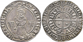 FRANCE, Provincial. Metz. 15th century. Gros (Silver, 25 mm, 2.73 g, 6 h). S STEPh' PROThO' M St. Stephen, nimbate, kneeling left between two city shi...