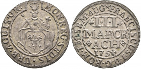 GERMANY. Aachen. 3 Mark 1754 (Silver, 22 mm, 2.20 g, 6 h). MON REG SEDIS URB AQUIS GR Charlemagne facing, holding scepter and orb, eagle shield before...