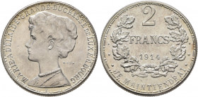 LUXEMBOURG. Marie-Adélaïde, 1912-1919. 2 Francs 1914 (Silver, 25 mm, 8.88 g, 6 h), Essai MARIE ADELAIDE GRANDE DUCHESSE DE LUXEMBOURG Bust of Marie Ad...