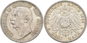 GERMANY. Anhalt. Friedrich II, 1904-1918. 3 Mark 1911 (Silver, 33 mm, 16.69 g, 12 h), Berlin. FRIEDRICH II HERZOG VON ANHALT Head of Friedrich to left...