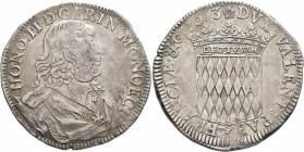 MONACO. Honoré II, 1604-1662. Scudo 1653 (Silver, 43 mm, 27.00 g, 8 h) HONO II D G PRIN MONOECI Cuirassed draped bust of Honoré II to right. Rev. ✱DVX...