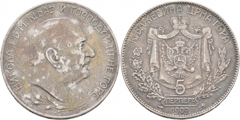 MONTENEGRO. Nikola I, 1860-1918. 5 Perpera 1909 (Silver, 36 mm, 24.00 g, 12 h), ...