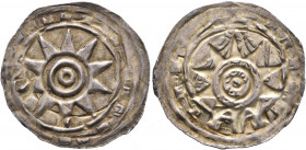 GERMANY. Augsburg (Bistum). Hartwig I von Lienheim, 1167-1184. Pfennig (Silver, 24 mm, 0.83 g). Sun with ten rays, double ring in center. Rev. The bis...