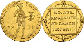 NETHERLANDS. William II, 1840-1849. Dukaat 1841 (Gold, 20 mm, 3.45 g, 12 h). (Caduceus) CONCORDIA RES PARVAE CRESCUNT (fleur de lis) Cuirassed knight ...